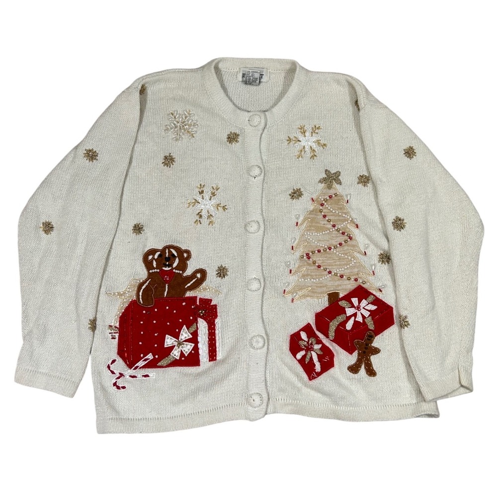 Vintage Womens Cream Gingerbread Ugly Christmas Holiday Cardigan Sweater L